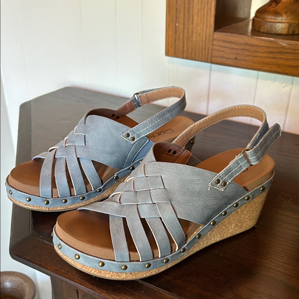 Corkys Light Blue Woven Wedges